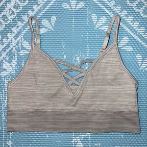 Grey Small Striped Front Cross Sports Bra